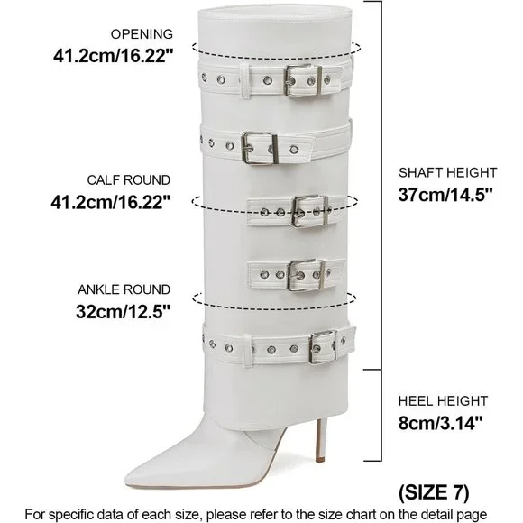 Women's Fold Over Long Tall Leather Buckle Shark Knee High Zipper White Boots - Picture 4 of 6